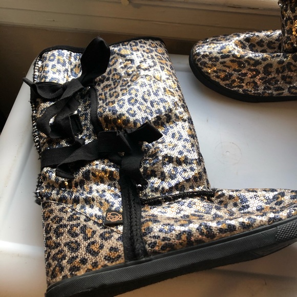 Boots faux fur flat bottom animal print sequins - Picture 2 of 14